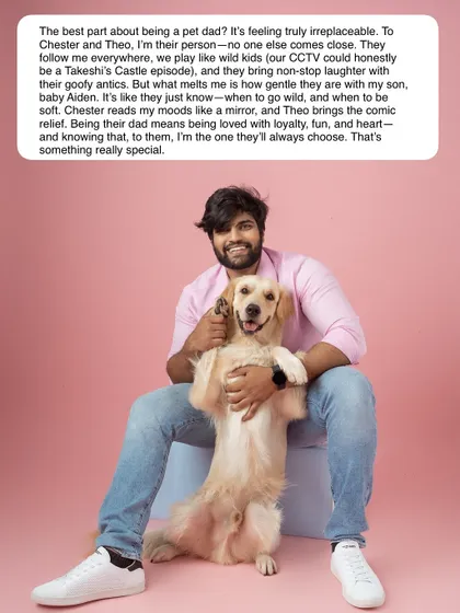 The pink backdrop adds a touch of fun and warmth to this portrait of a pet dad and his happy Golden Retriever. My studio sessions can be as playful or as classic as you want them to be.