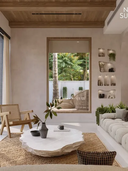 Another angle of the Organic Modern living room, showing a large picture window that frames the outdoor view like a piece of art. The design emphasizes natural materials like wood, stone, and woven fibers.
