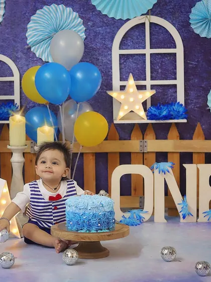 The complete setup for a blue-themed first birthday, creating a wonderful backdrop for magical memories.