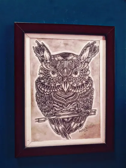 An intense and wise owl, every feather detailed with unique black and white patterns.