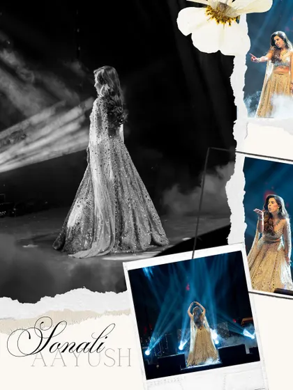 A collage showcasing a bride's stunning solo performance. The dramatic lighting and grand stage made her look like a true star.