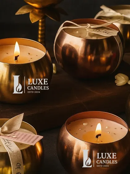 These classic round Urli bowl candles have a beautiful hammered metal finish. I offer them with custom tags and ribbons for a personalized touch.