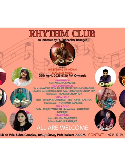 This is an event poster for the 'Rhythm Club', an initiative started by my Guruji. It is my honor to carry forward his vision by performing and promoting Indian classical music.