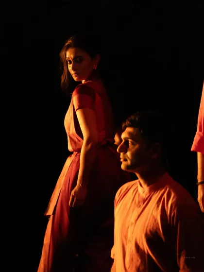 A quiet, intense moment from *Abandhana*. The piece explores the inner world of the Theri-s, their moments of doubt, and their journey towards enlightenment.