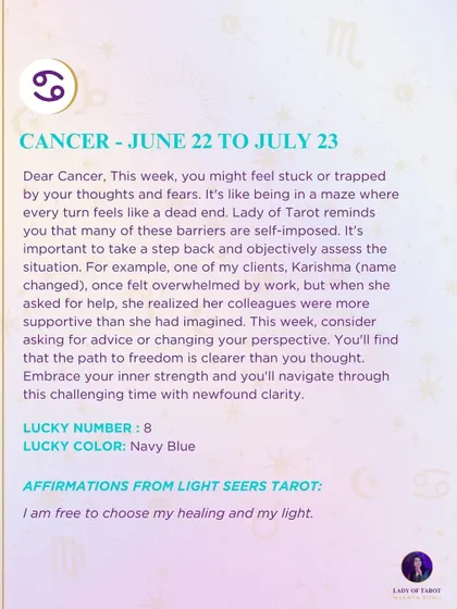 This week's tarot reading for Cancer. You might feel stuck or trapped by your thoughts and fears. Many of these barriers are self-imposed, and you can navigate through them.