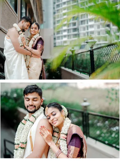 A collage of tender moments between the newlyweds, captured outdoors with a modern building in the background.
