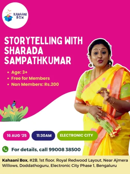 An invitation to celebrate Janmashtami with Sharada Sampathkumar's magical storytelling. We host themed sessions for festivals to connect stories with cultural celebrations.