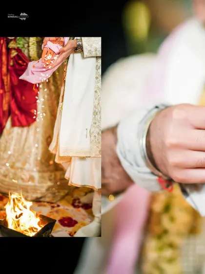 Another perspective of the phera ceremony, capturing the couple's hands and the sacred fire. These detail shots add a rich layer to the wedding album.