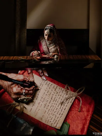 A detail-oriented collage showing the bride writing her letter and the beautiful final product.