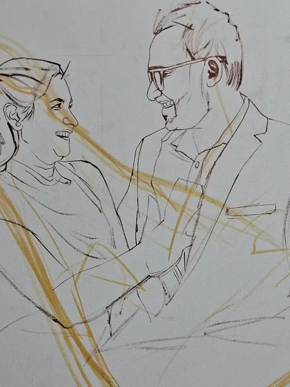 An initial concept sketch for a couple's portrait. This exploratory drawing helps define the composition and the emotional tone of the piece before committing it to canvas.