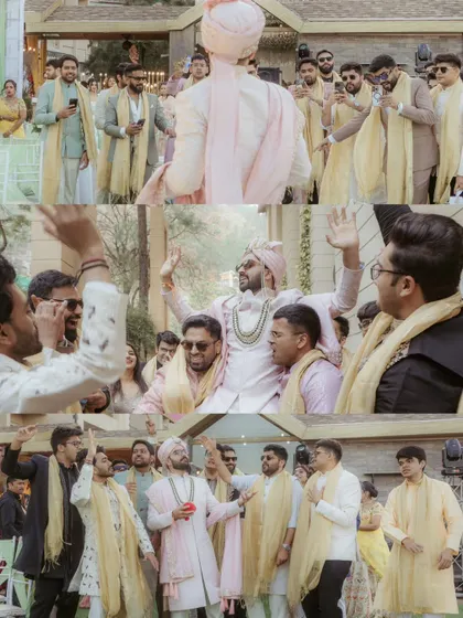 The groom's grand entry with his baraat. This collage captures the dancing, the energy, and the celebratory mood of the procession at a beautiful hill station wedding.
