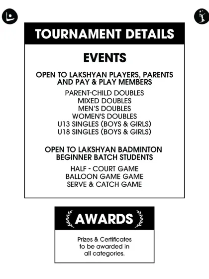 The tournament details for 'Shuttle Smiles,' outlining the various categories available, from parent-child doubles to games for our beginner batch students.