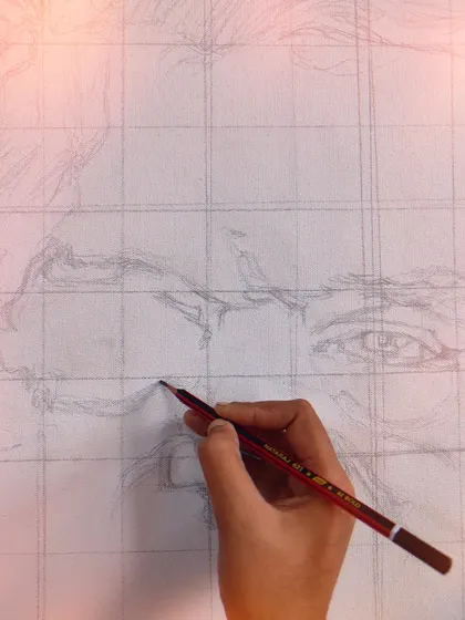 A work in progress shot of a portrait commission, showing the initial grid and pencil sketch on canvas. This is where the quote from Nisargadatta Maharaj, "I am. 'I am this' is not," felt most relevant.