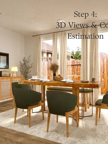 The dining room from the Houston virtual design project, featuring a wooden table, green chairs, and a rattan-fronted console.
