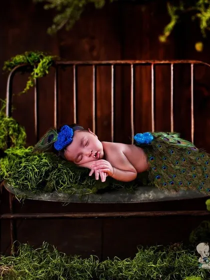 A unique newborn portrait featuring a baby sleeping on a miniature bed prop covered in moss and peacock feathers. This nature-inspired theme adds a touch of rustic elegance.