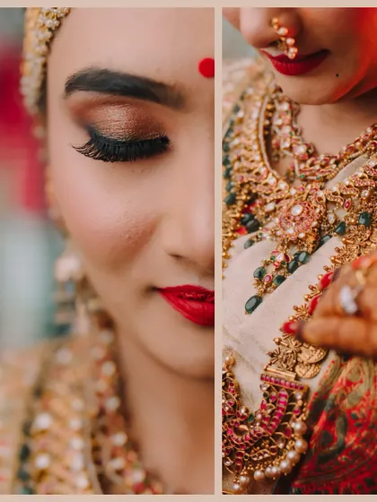 An artistic split-frame collage focusing on the bride's stunning eye makeup and the elaborate details of her traditional necklace.