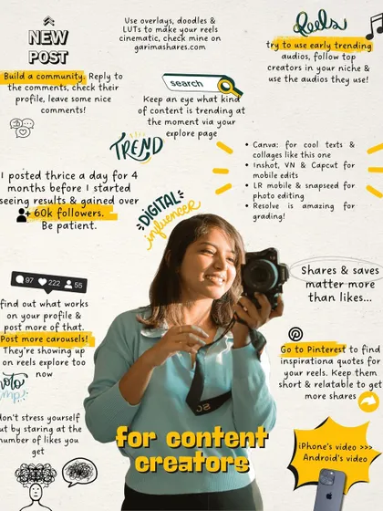 A detailed infographic with my top tips for content creators. I share my strategies for using trending audio, building a community, and staying consistent to grow an online presence.