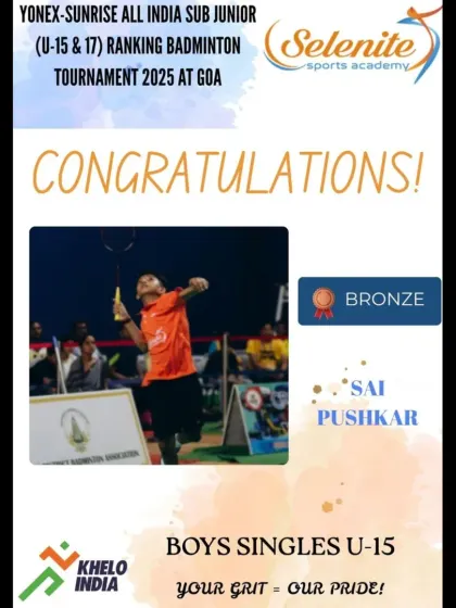 Sai Pushkar in action on his way to securing a Bronze medal in the U-15 Boys Singles at the All India Sub Junior tournament in Goa. Every point was hard-fought.