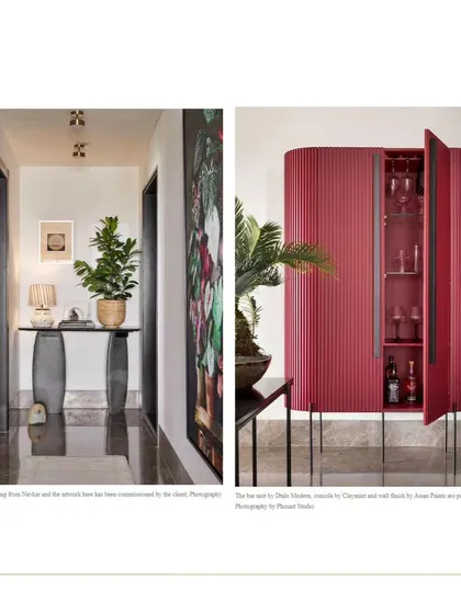 A magazine feature showcasing the custom red bar cabinet and the unique console table in our Bengaluru project. These pieces add personality and a pop of color.