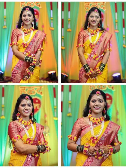 A four-panel collage of the bride's portraits from her Haldi ceremony.
