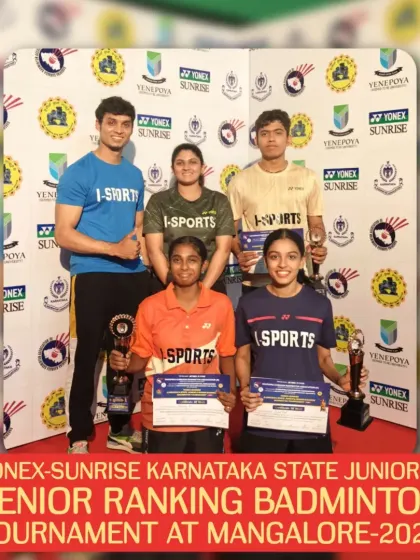 Our victorious players and coaches pose together after a successful campaign at the Yonex-Sunrise Karnataka State Ranking Tournament in Mangalore.
