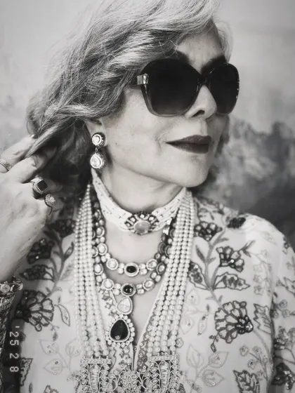 A black and white version of the Zeenat Aman portrait, adding a timeless and classic feel to the regal look.