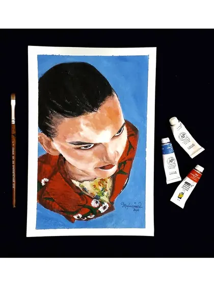 "She remembered who she was and the game changed." This portrait uses poster colors to create a bold look, with a high-angle perspective and strong colors that convey a sense of empowerment.