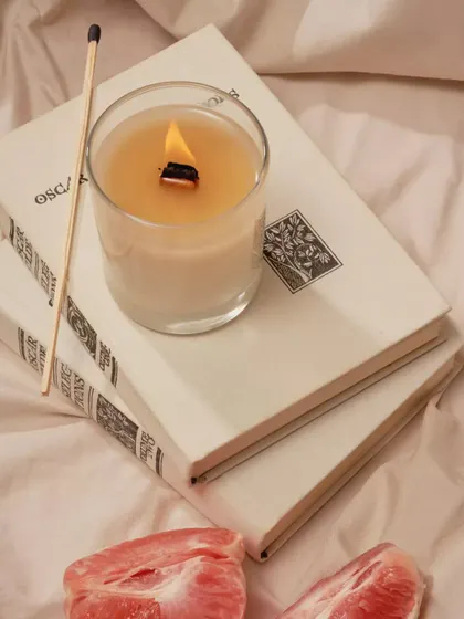 It's time for a little "re-wax-ation". This is one of my custom jar candles featuring a wooden wick, which makes a gentle crackling sound as it burns. It's the perfect companion for a quiet evening with a good book and your favorite scent.