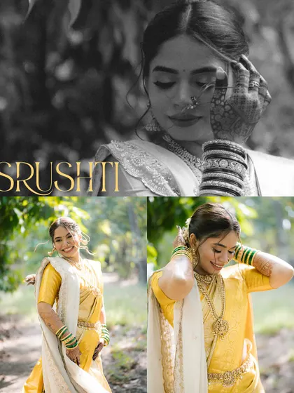 A mix of color and black and white bridal portraits. The collage captures her joyful smile and serene moments, showcasing her personality before the ceremony.