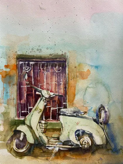 My vintage love will never leave me. This watercolor of an old scooter against a weathered wall is one of those paintings that I did a while ago but still adore.
