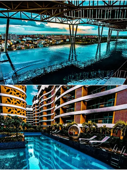 A collage of the pool areas at the Palm Bellagio project, one on the ground level and an infinity pool on the rooftop.