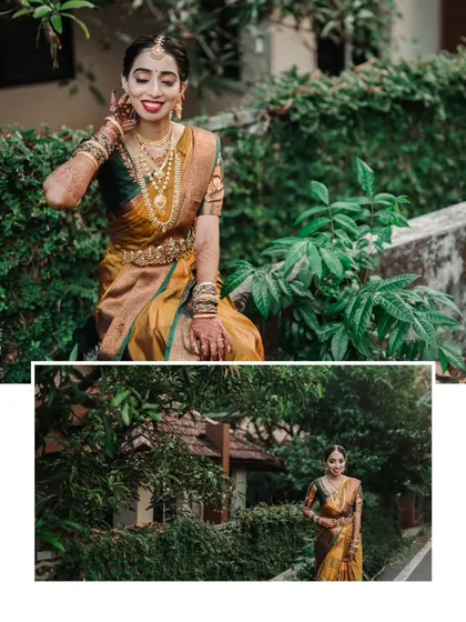 A duplicate of image 324, a collage of a bride's beautiful portraits in a natural setting.