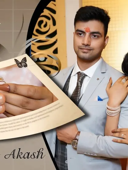 An album page design for a Ring Ceremony, featuring the couple and a close-up of their rings. We document the key moments and deliver them in a beautifully designed format.