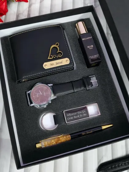 A closer look at the five-piece men's gift set, showcasing the personalized wallet, watch, pen, keychain, and perfume.