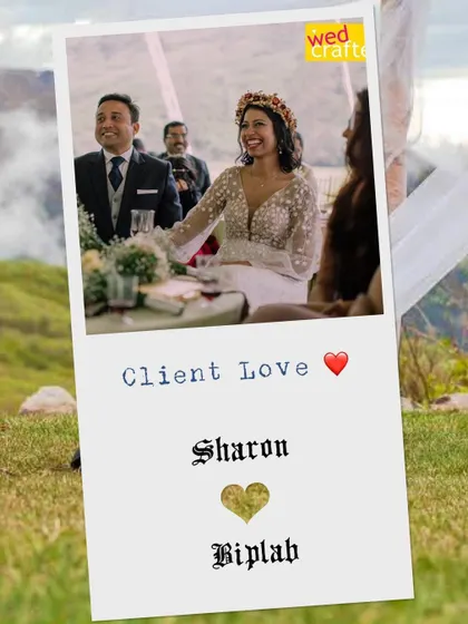 A polaroid-style graphic celebrating "Client Love" with a photo of Sharon and Biplab. These memories are so precious.