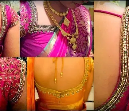 Here is a collage of various blouse back neck designs I can stitch, from simple U-necks with tassels to more elaborate patterns with mirror work and embroidery.