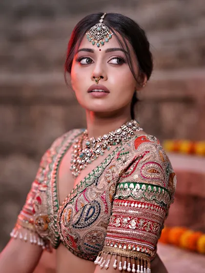 A close-up portrait from the "Yeh Thanda Chand" concept shoot. The makeup is subtle yet impactful, with a focus on natural skin and defined eyes.