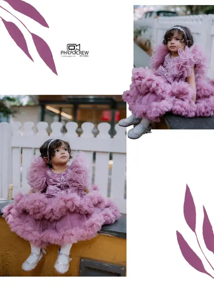 This collage showcases a fun and fashionable first birthday photoshoot. The little one is dressed in an elaborate ruffled purple dress, posing confidently against a white picket fence and looking absolutely adorable.