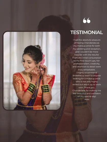 A testimonial from my bride Aditi, who highlights my professionalism, creativity, and attention to detail. Making her feel beautiful and confident was my goal.