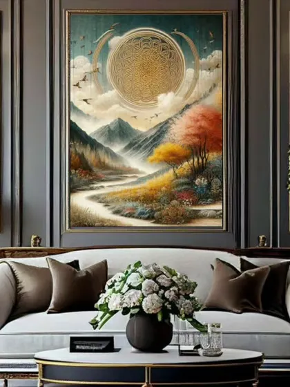 This beautiful landscape featuring a golden celestial object adds a mystical and serene quality to this classic living room. It's an example of how spiritual art can blend seamlessly with traditional decor.