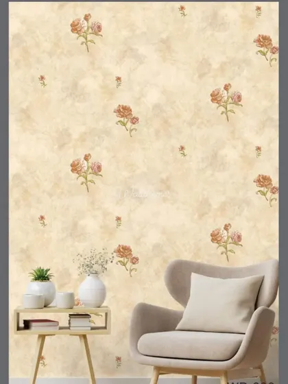 A room mockup with a minimalist feel, featuring a wallpaper with small, scattered floral motifs.