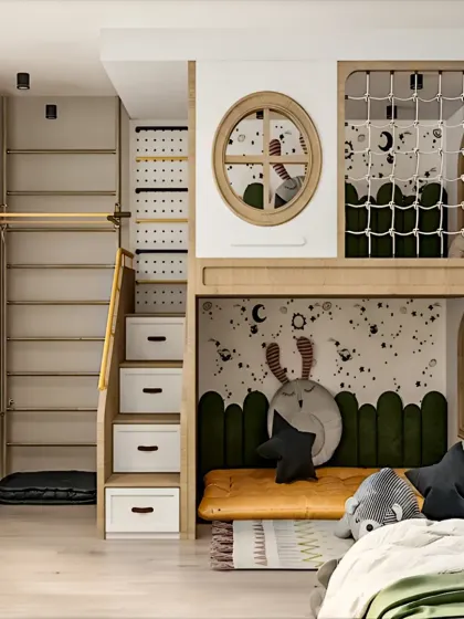 For this child's room, we combined play and practicality with a custom loft structure. The design includes stairs with built-in drawers for toys and clothes, a cozy sleeping nook, and a fun netted play area, all while leaving plenty of floor space free.