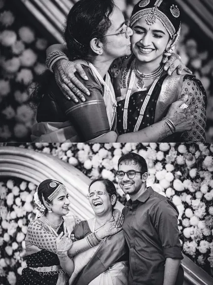 A black and white collage capturing the bride's joyful interactions with her mother and brother.