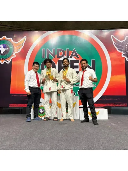Our team receiving awards at the India Open International Ju-Jitsu Tournament at Talkatora Indoor Stadium.