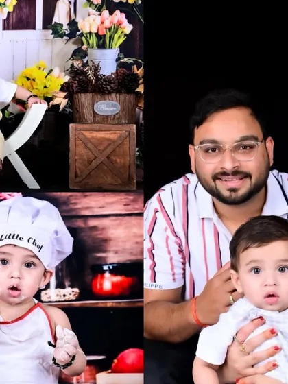 A collage showing a father with his baby, alongside themed shots of the baby as a little chef.
