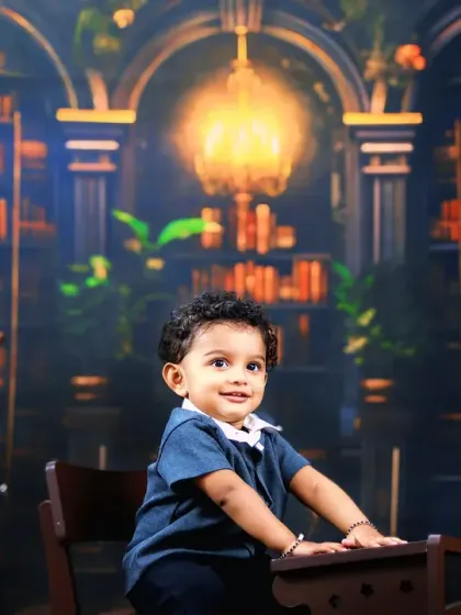 A toddler smiles brightly in a cozy library setting, a unique and charming theme for a birthday photoshoot.