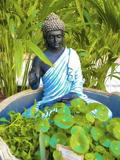 Create a corner of calm with zen-inspired decor. A serene Buddha statue placed within a planter of water-loving plants instantly creates a peaceful focal point.