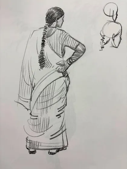 A sketch of a woman from the back, with a small head study on the side.