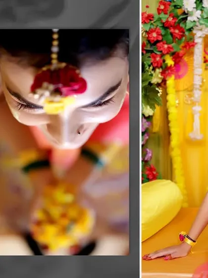 An artistic album layout from a Haldi ceremony, featuring close-up shots of the bride and her floral jewelry.