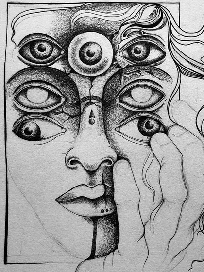 A cleaner, high-contrast scan of the multi-eyed portrait.